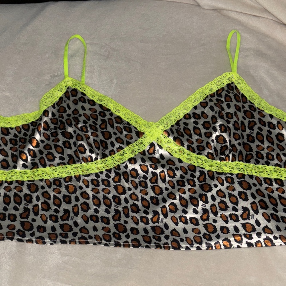 Leopard Print Cami with Neon Lace Trim